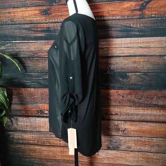 NWT Takara Tunic Top S Black Sheer 3/4 Sleeve Roll Tab Cuffs Hi Low - Picture 6 of 10